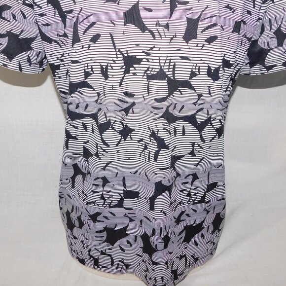 Coral Bay Womens PL Petite L Black White Striped Leaves Golf Polo Shirt 1/4 Zip - Picture 11 of 11